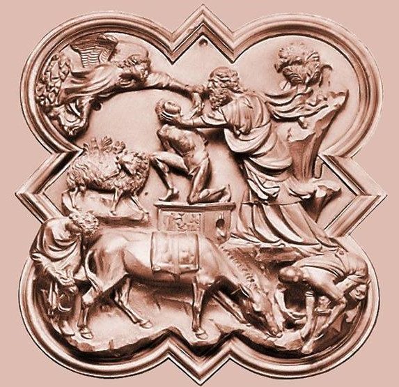 Un Ange Gardien intervient pour retenir le bras d'Abraham alors que Dieu a demandé de sacrifier son fils Jacob