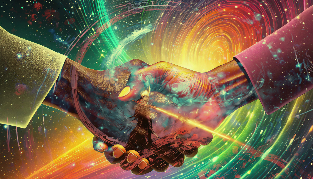 2 mains qui se serrent avec en fond un personnage mystérieux avec un sabre laser symbole de discernement